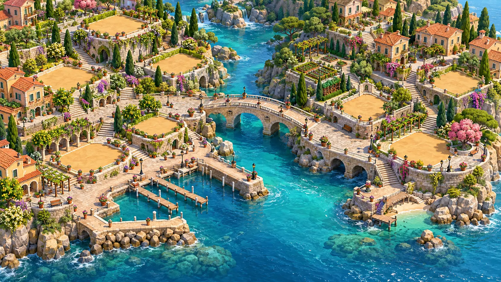 Mappa isometrica di Riva delle Sette Code con ponte, mare e giardini