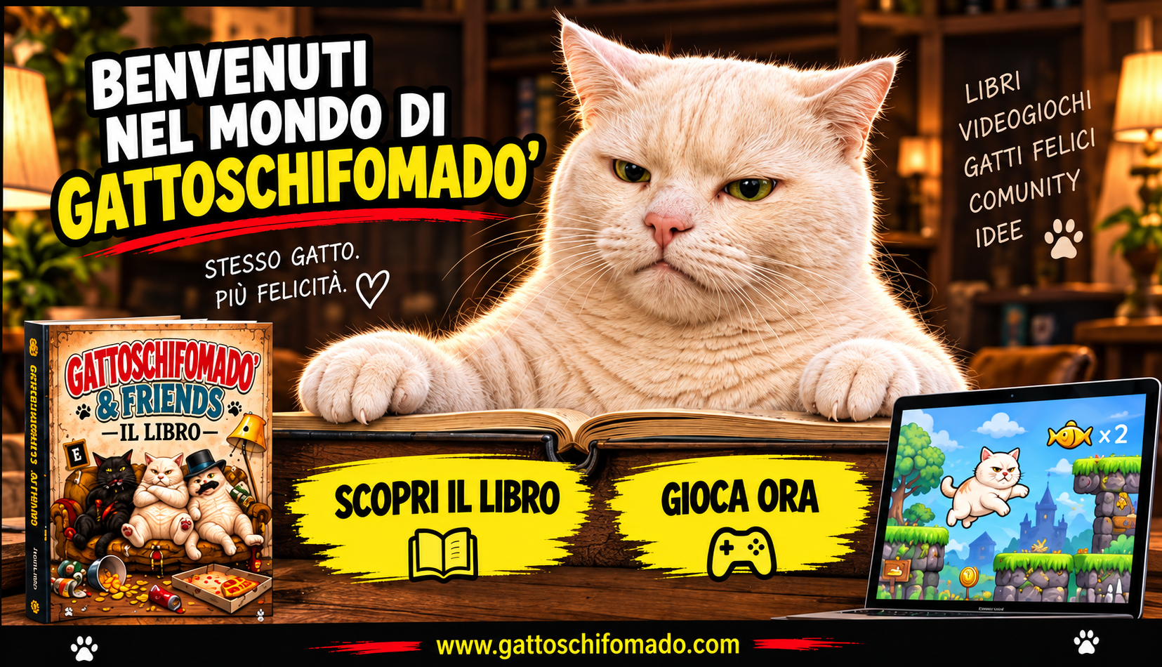 Gattoschifomado’ nella sua libreria con il libro e il videogioco